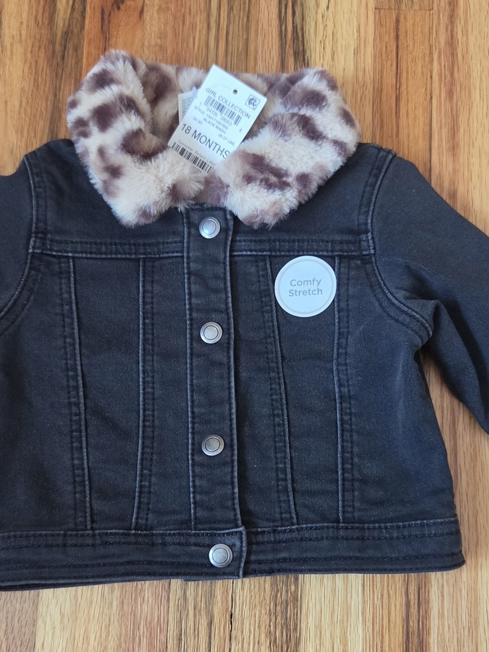 First Impressions Black Jean Jacket with Faux Fur Leopard Collar